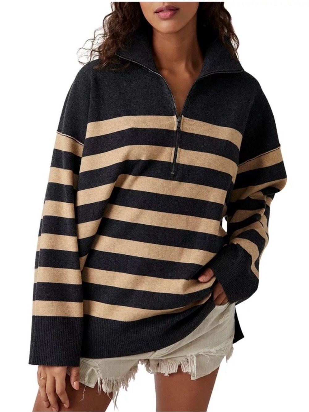 Free People Oversized Coastal 1/2 Zip Pullover Women S Carbon Camel Combo Stripe